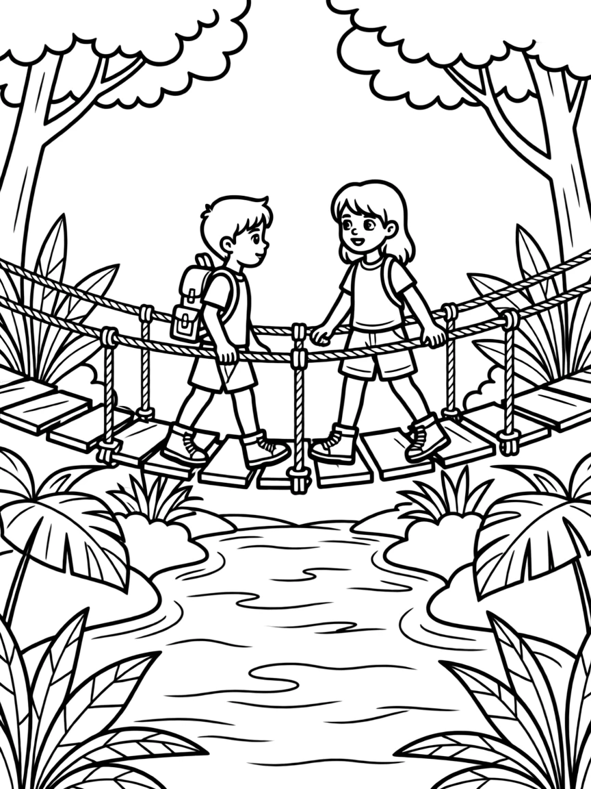 Rope bridge over jungle river with explorers