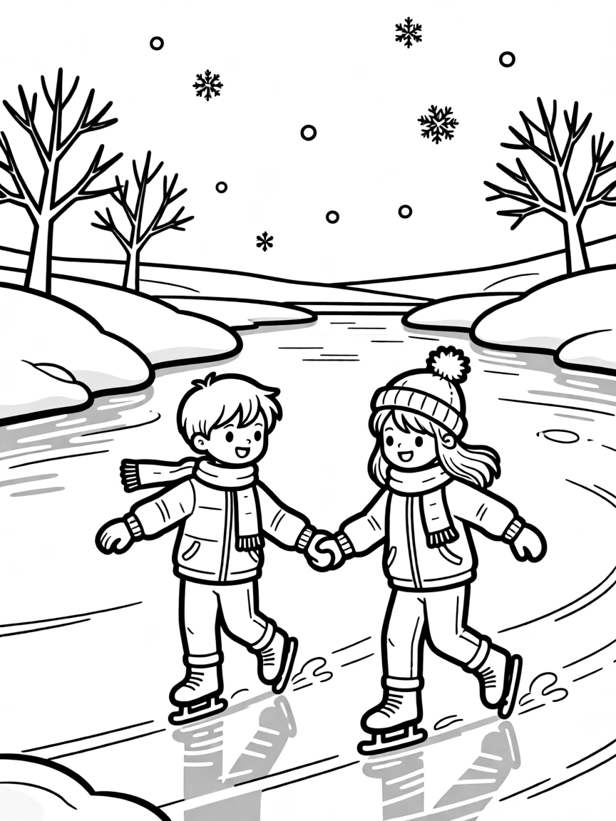 Winter scene with frozen river and skating