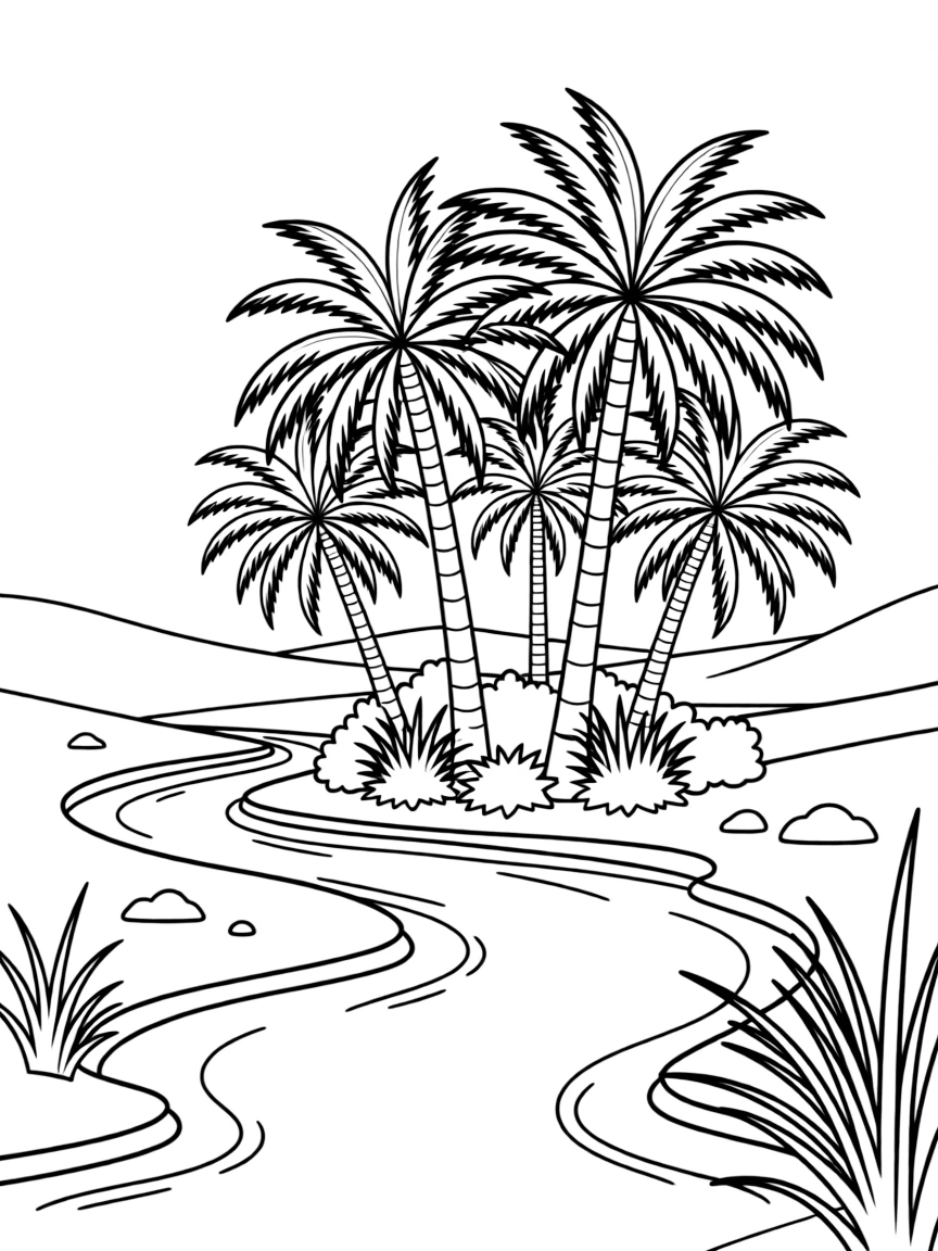 Desert oasis with river feeding palm grove