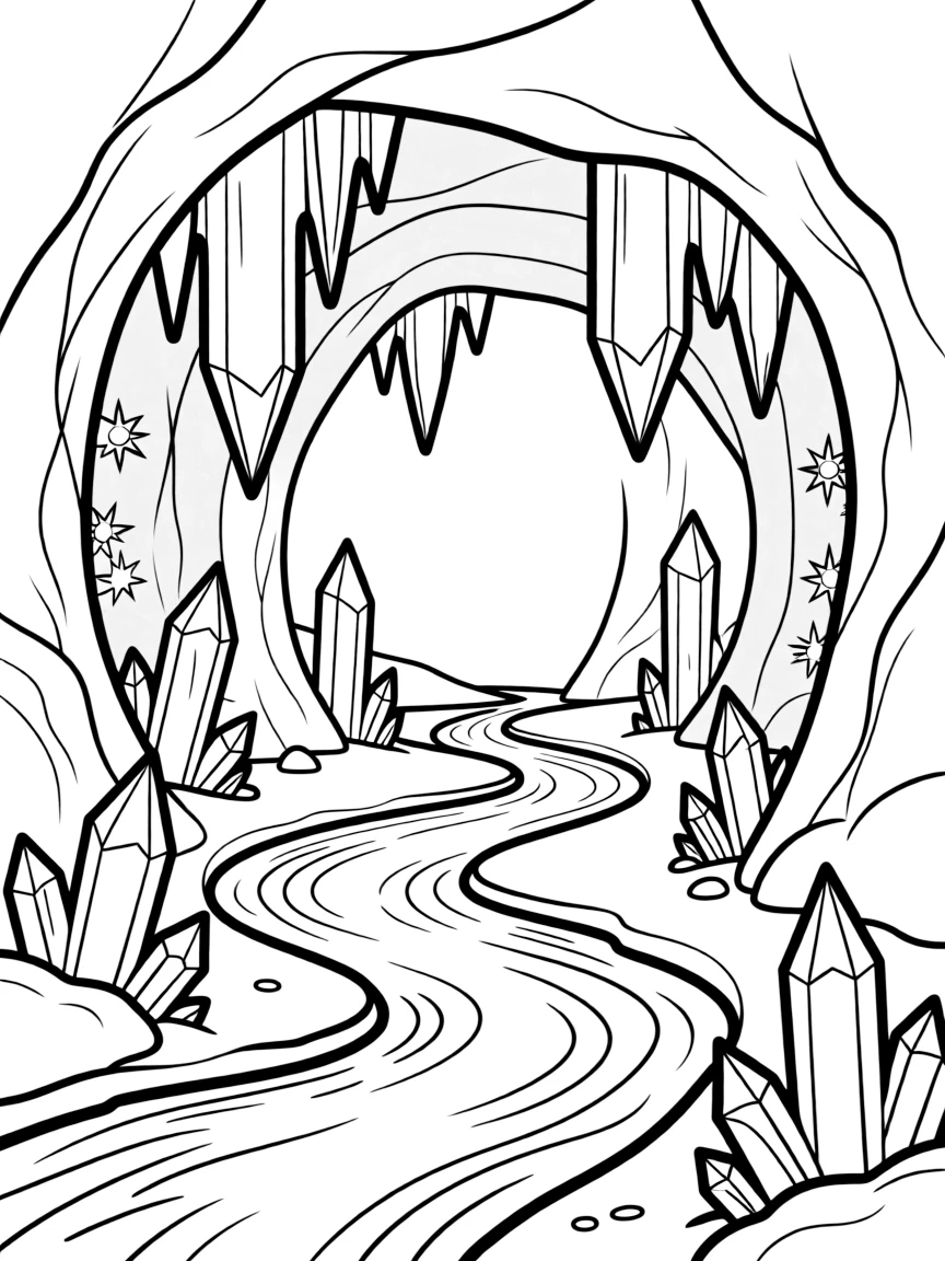 Crystal cave river with stalactites and stalagmites