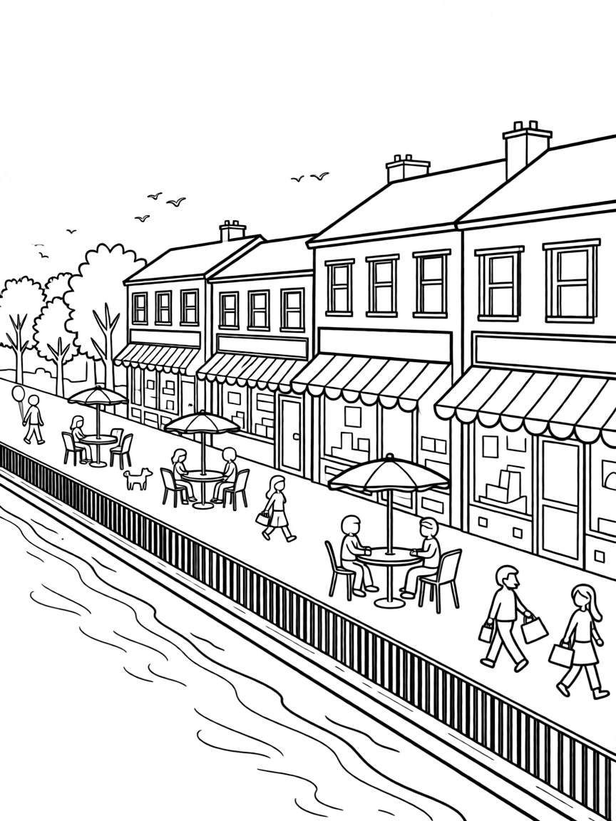 City riverwalk with shops and cafes