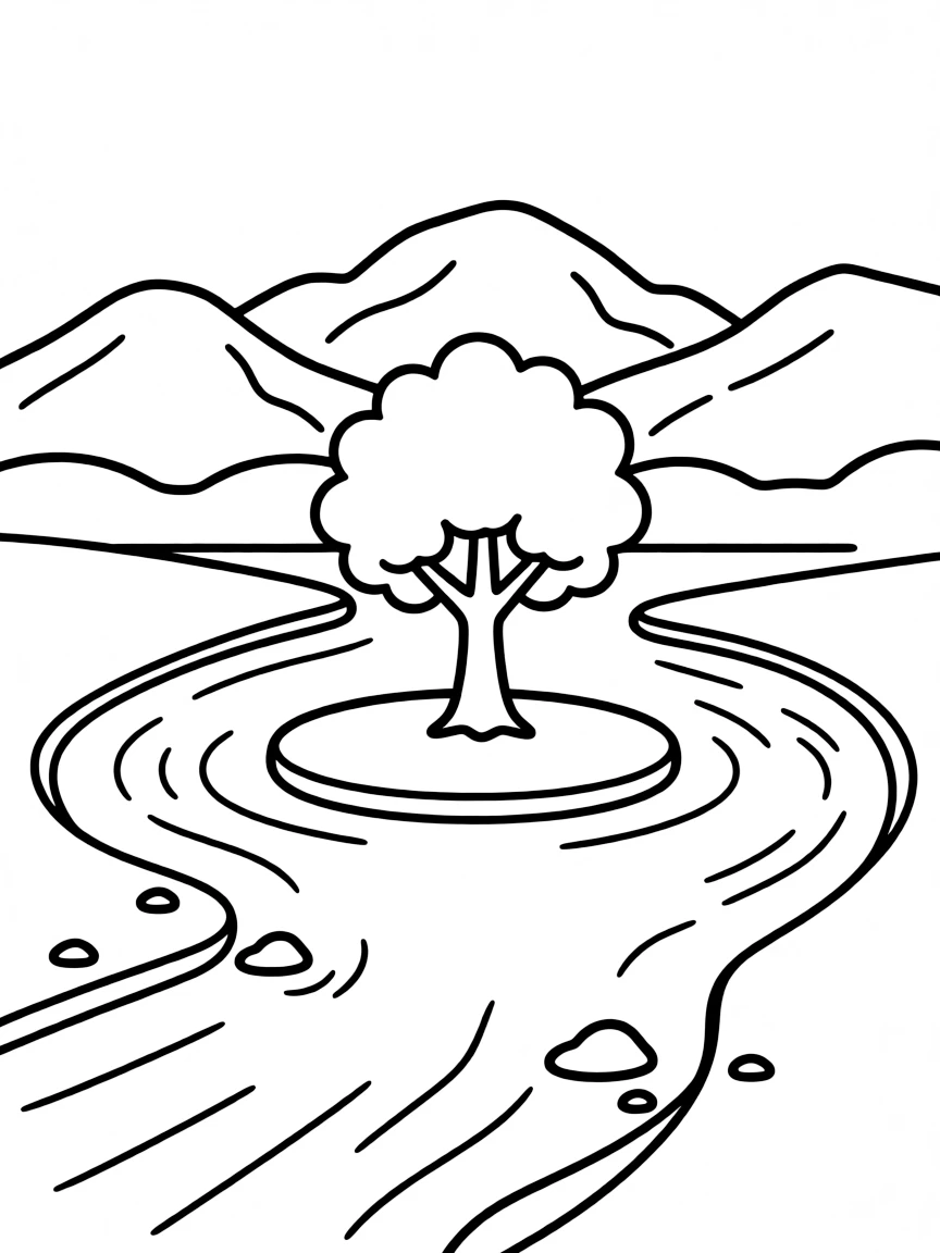 Mountain river with tiny island and single tree