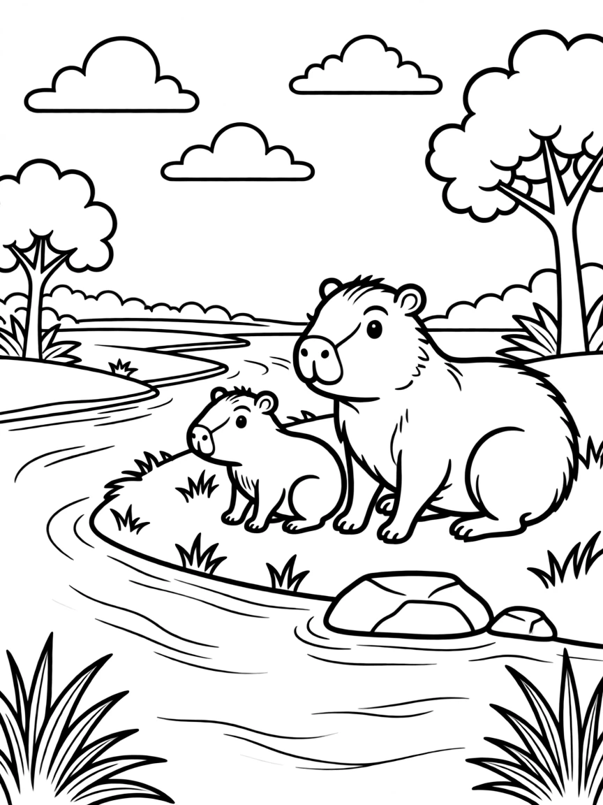 Capybara family resting by South American river