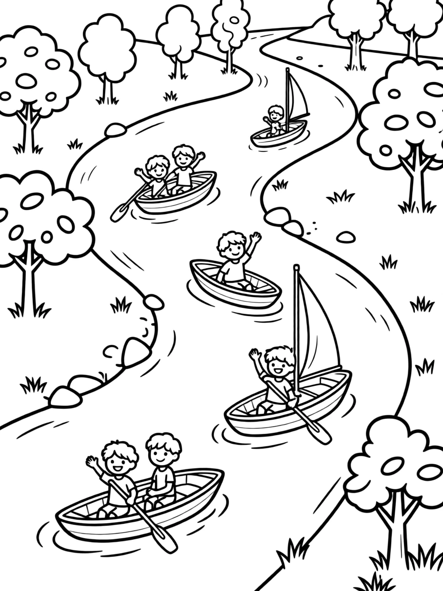 Miniature river world with tiny boats and people