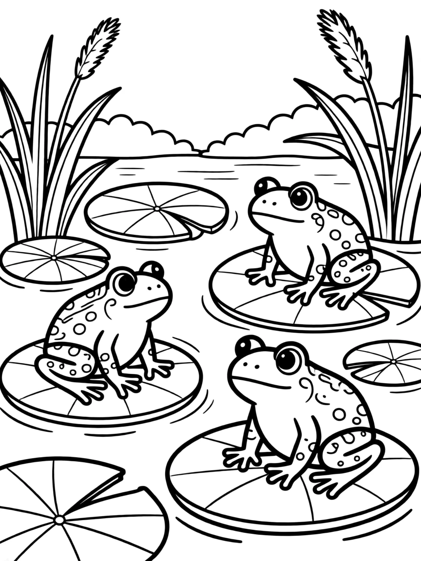 River frogs on lily pads with detailed patterns