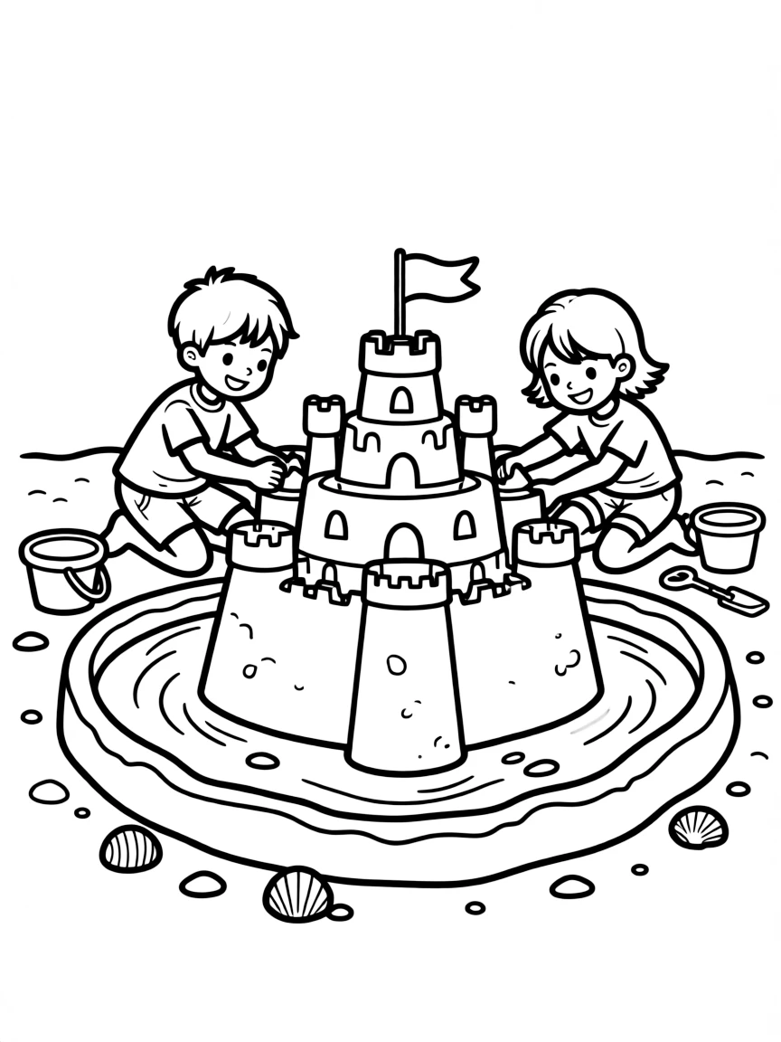 Children building elaborate sand castle with moat