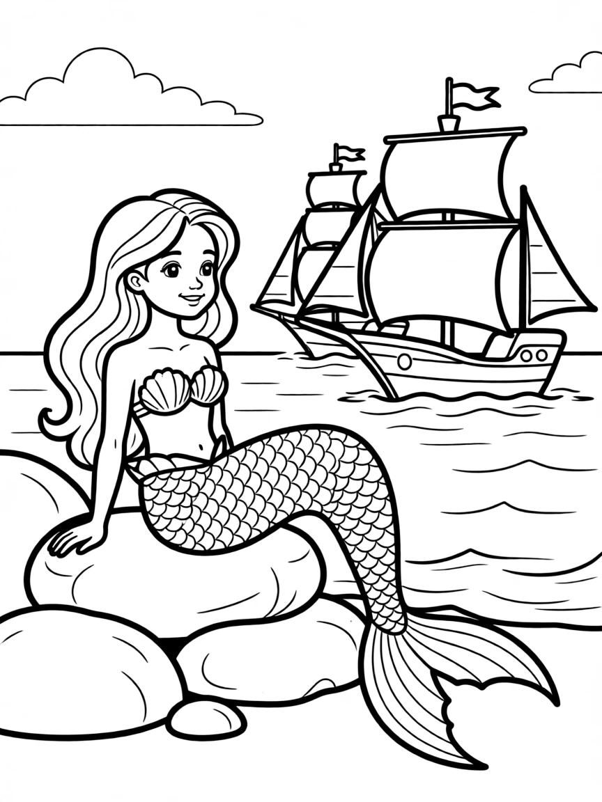 Mermaid resting on shore rocks watching ships