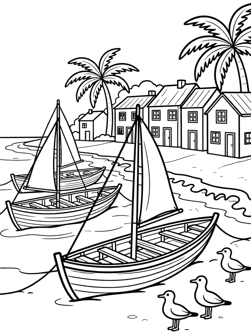 Coastal village with fishing boats pulled onto beach