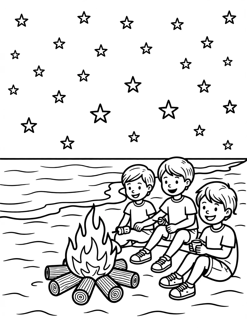 Beach bonfire under night sky with stars
