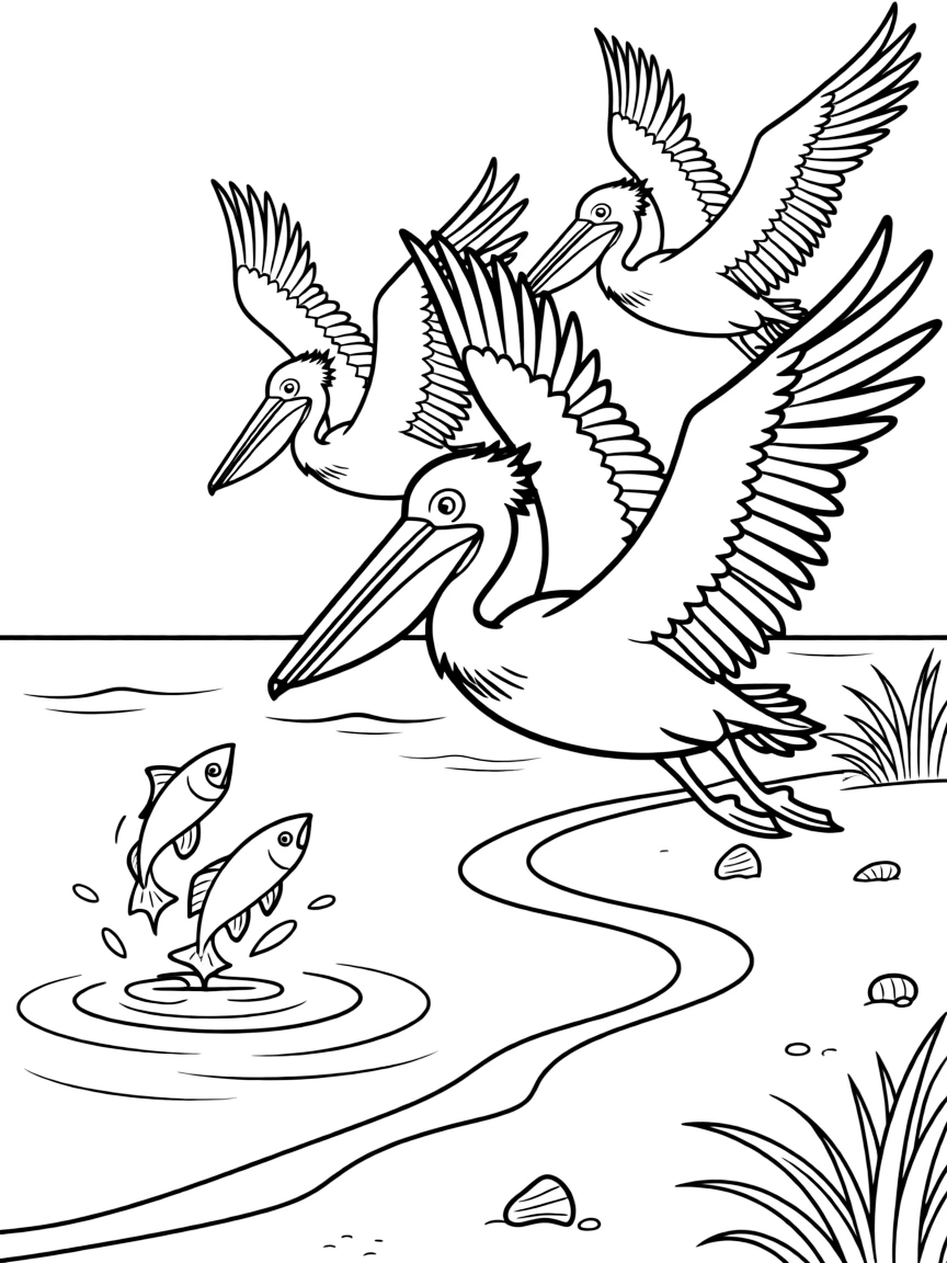Pelicans diving for fish near beach