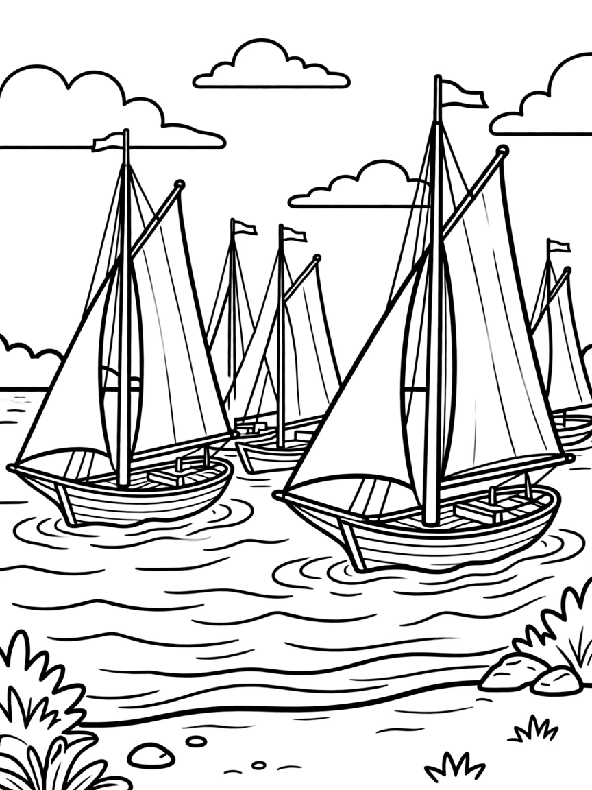 Sailing ships anchored in protected cove
