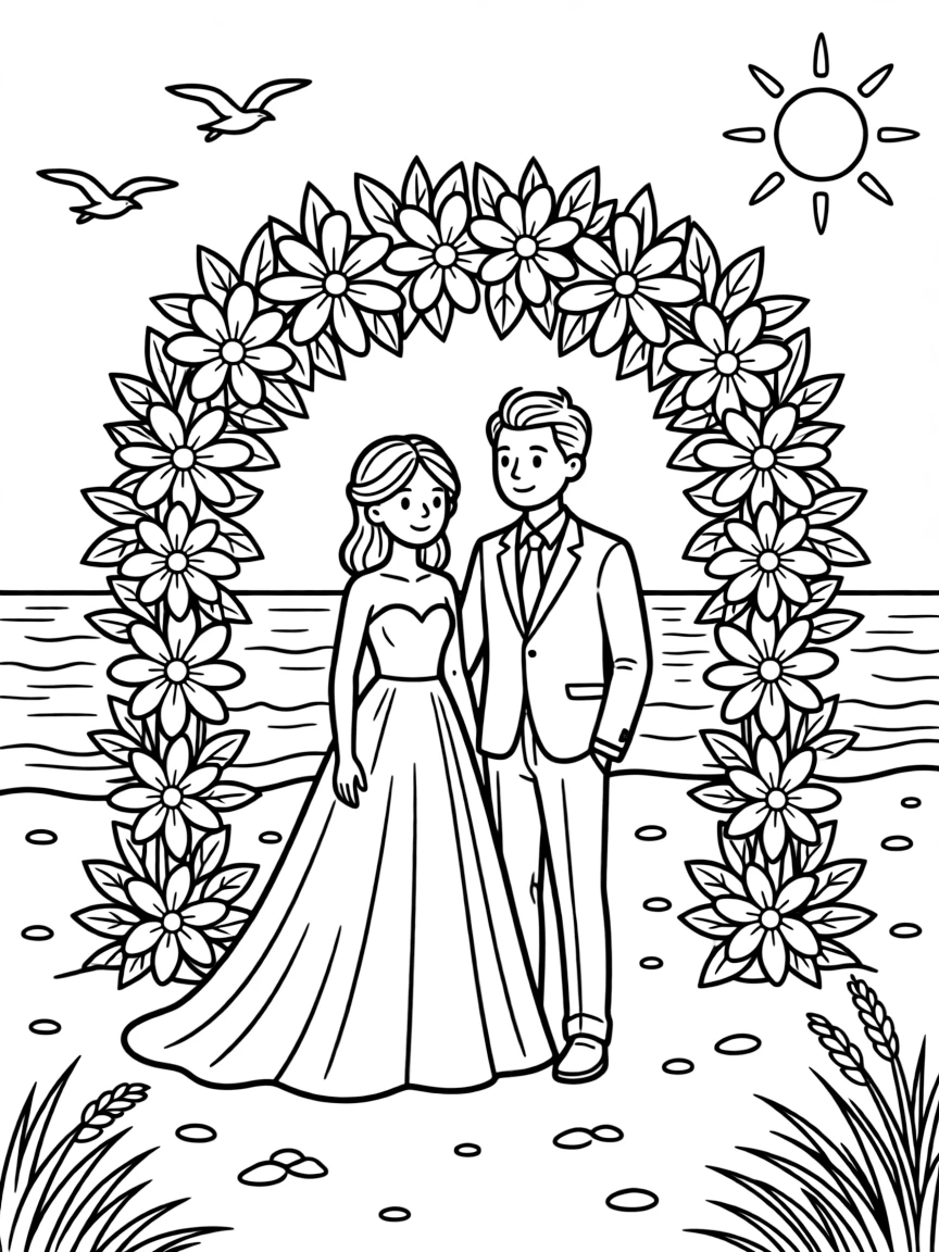 Beach wedding with flower-decorated arch