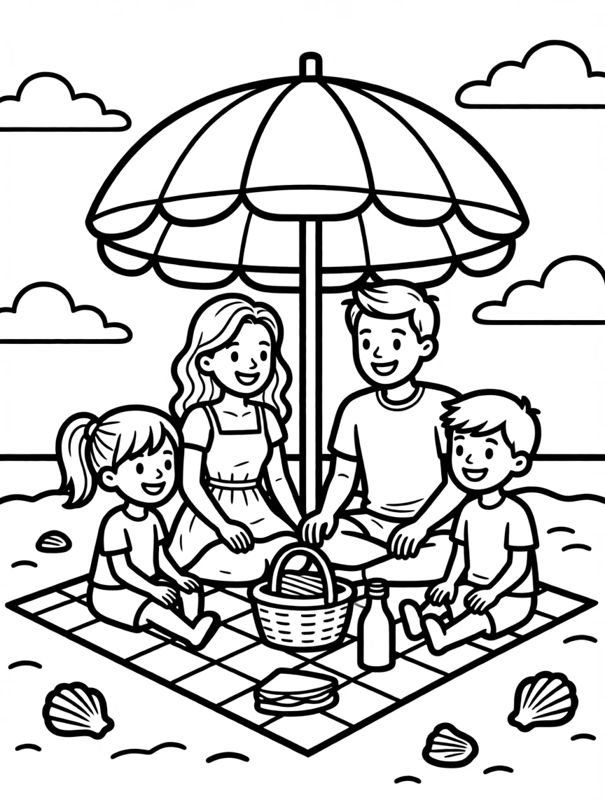 Family picnic under beach umbrella