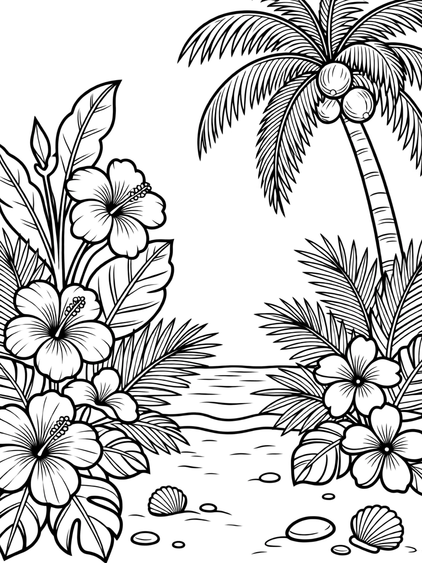 Beach foliage with detailed tropical flowers