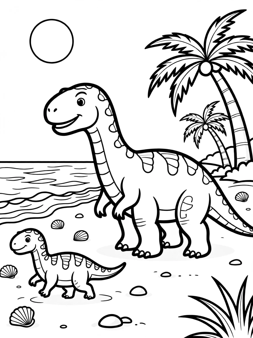 Prehistoric beachside scene with dinosaurs