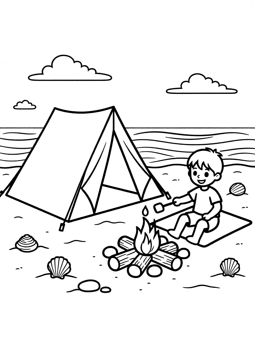 Beachside campsite with tent and fire