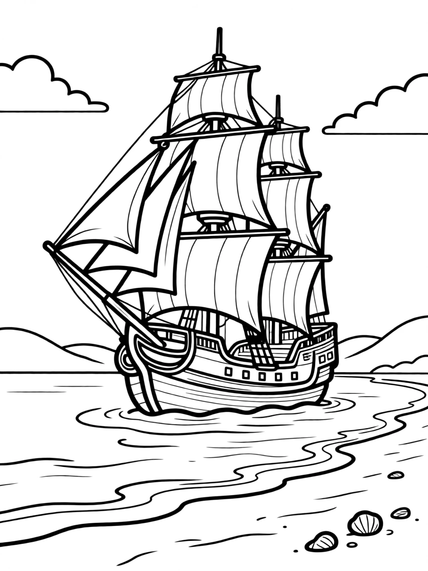 Historic sailing ship approaching beach