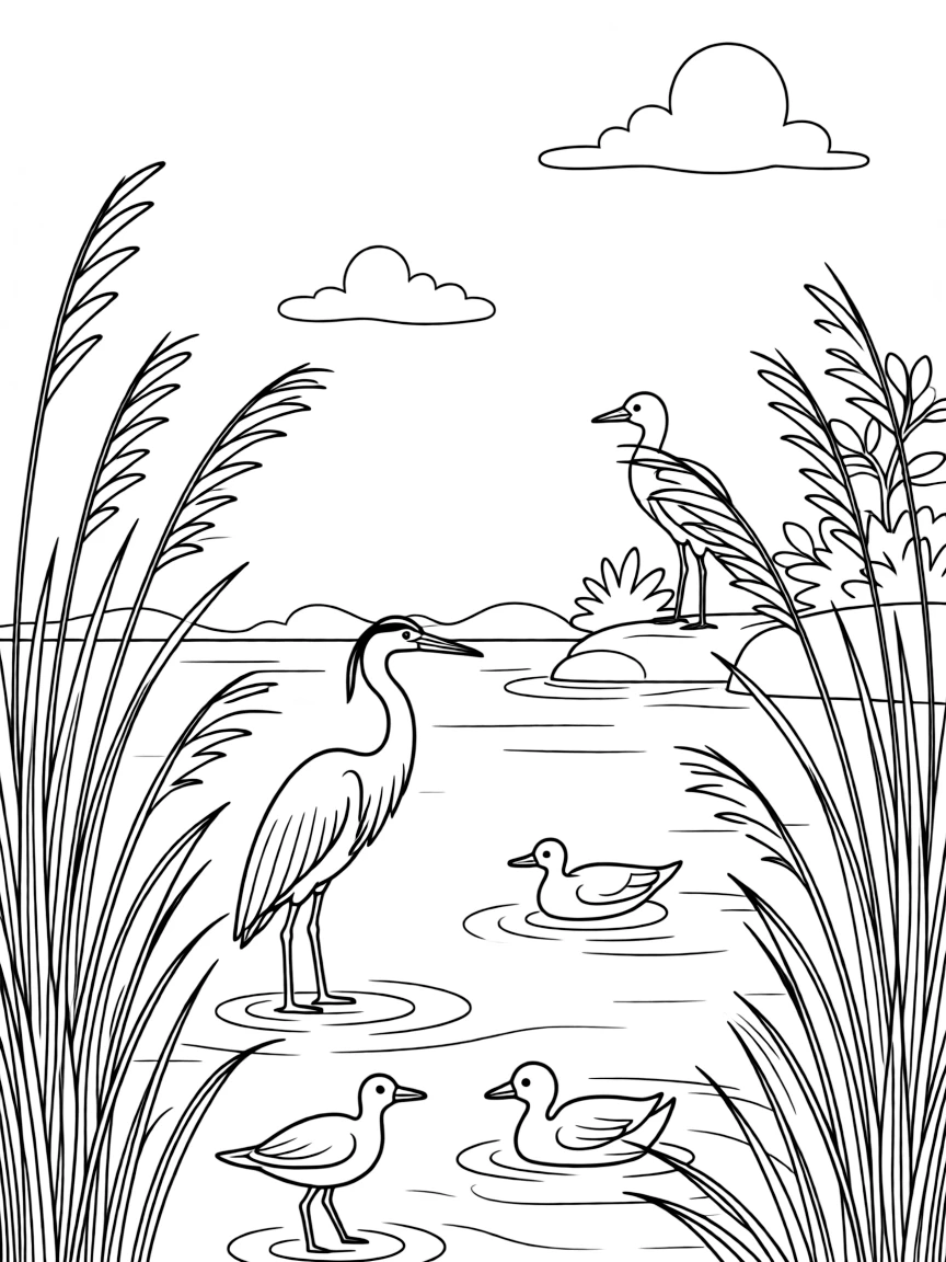 Coastal wetlands with birds and plants