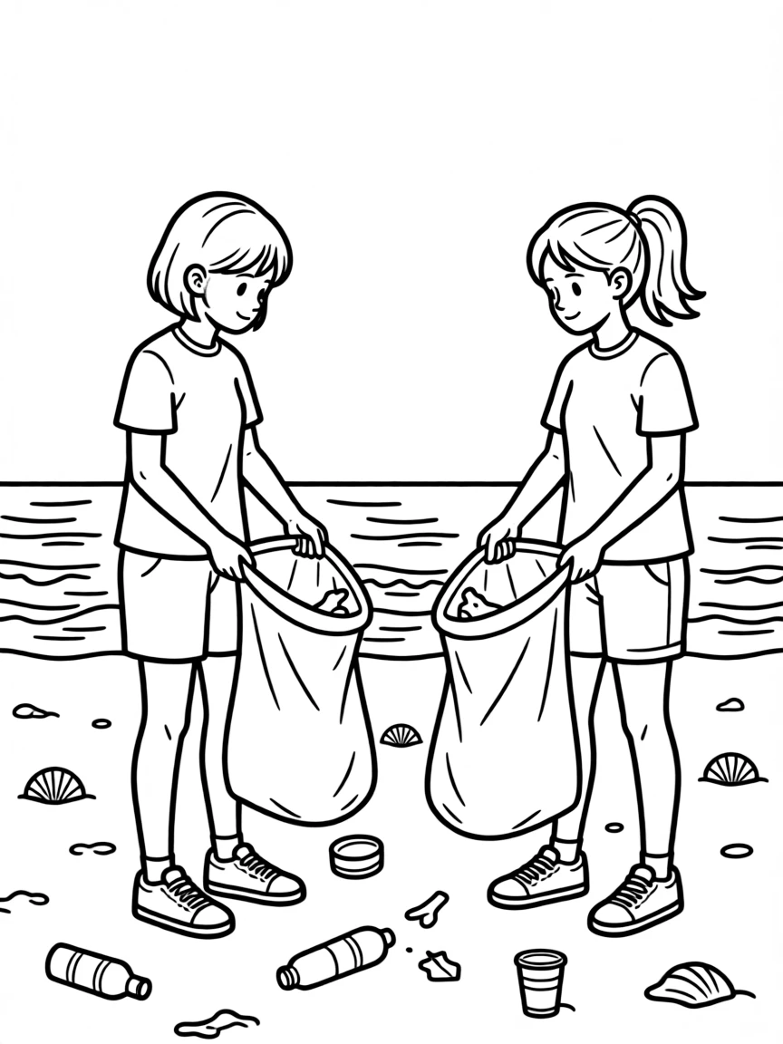 Beach cleanup volunteers with collection bags