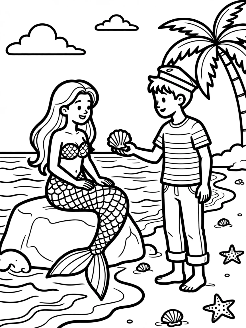 Mermaid and sailor love story on beach