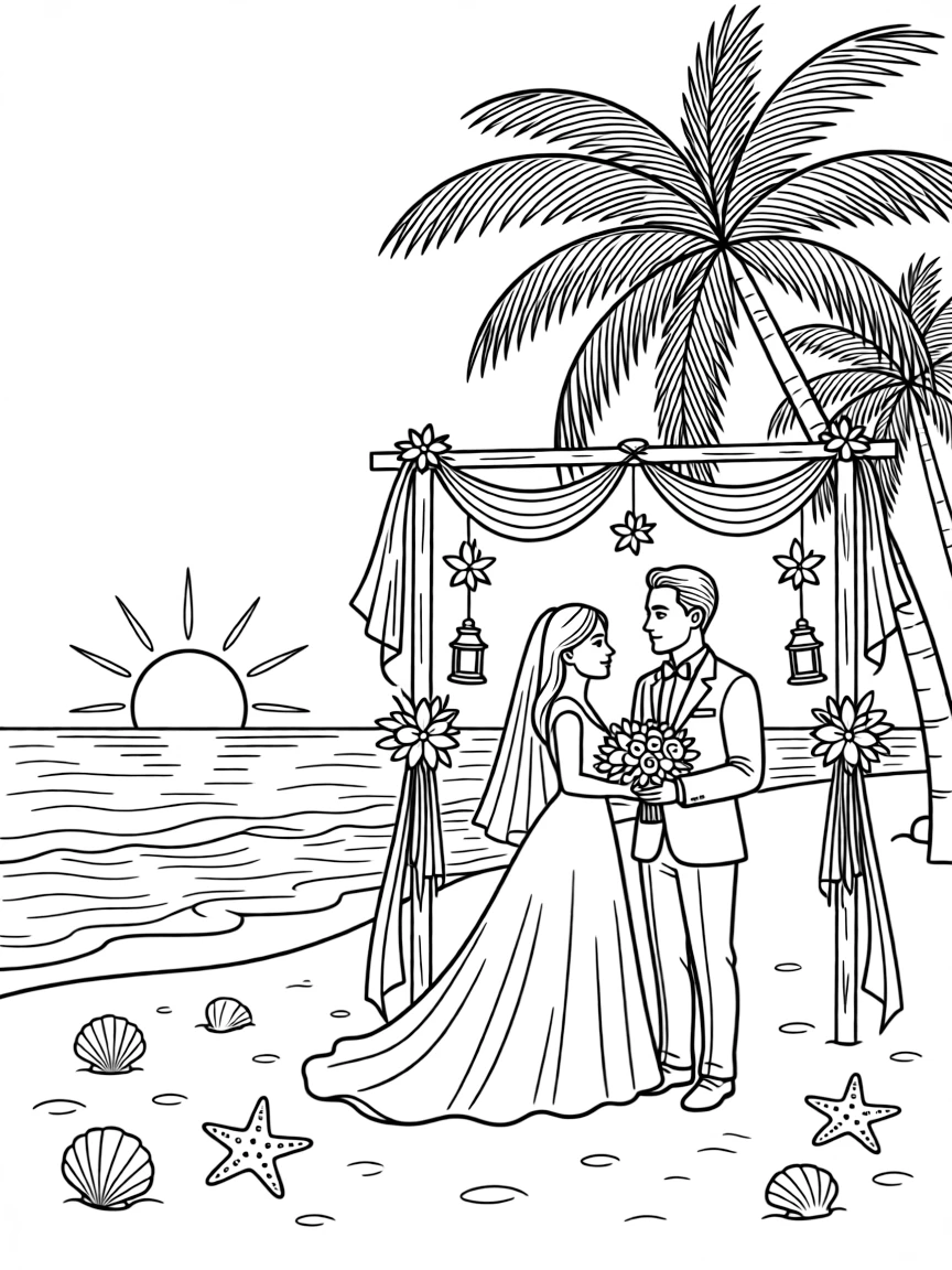 Beach sunset wedding with detailed decorations
