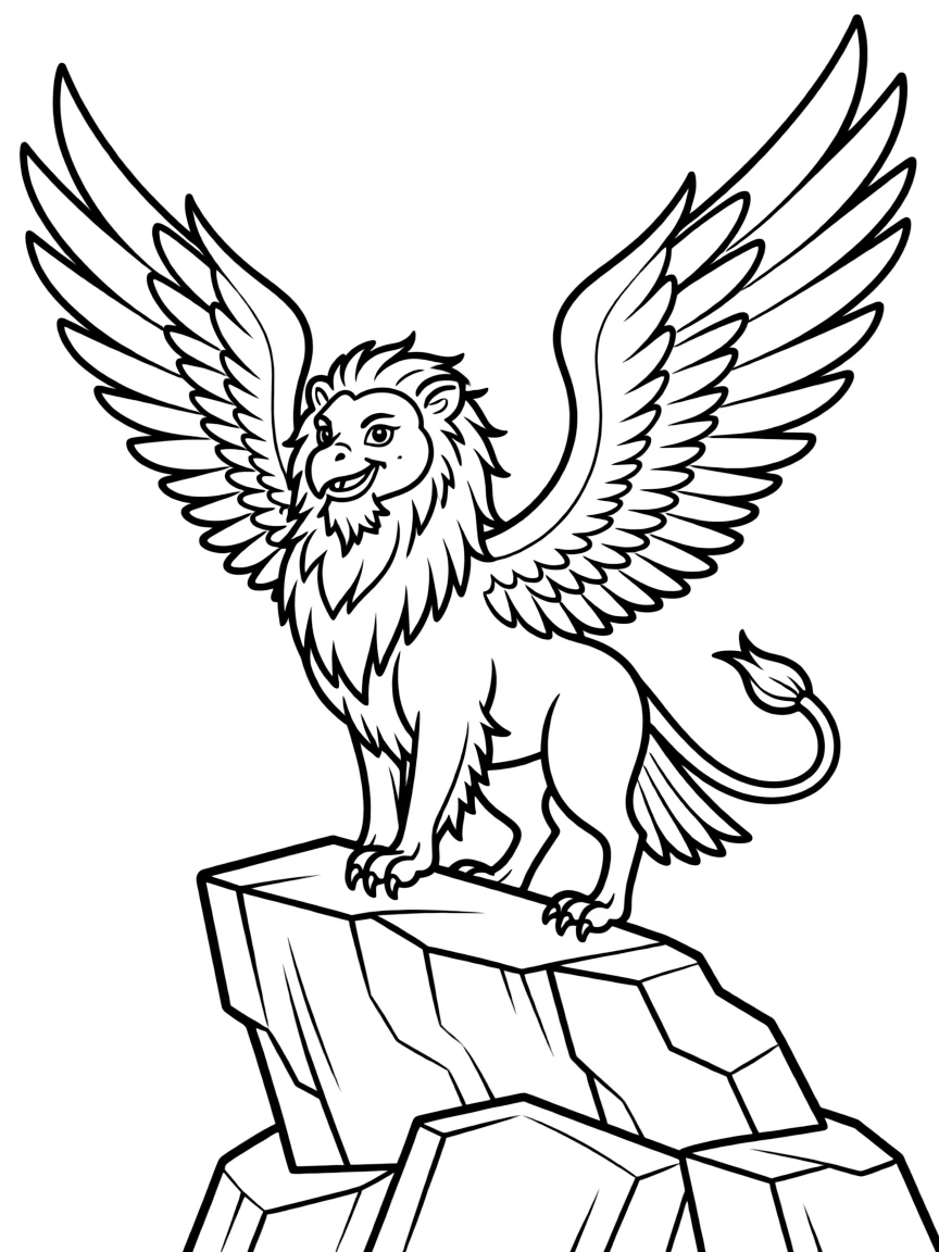 A majestic griffin perched on a rocky mountain cliff, wings spread wide