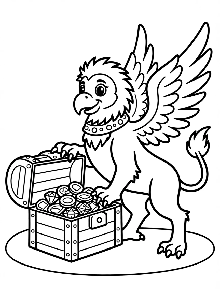 A griffin guarding a treasure chest filled with gold coins and jewels