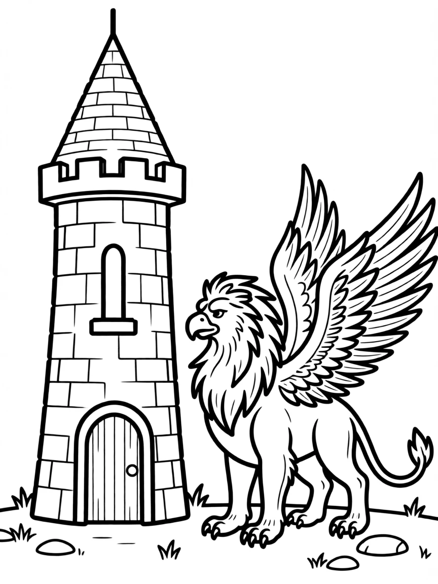 A griffin standing proudly beside a medieval castle tower