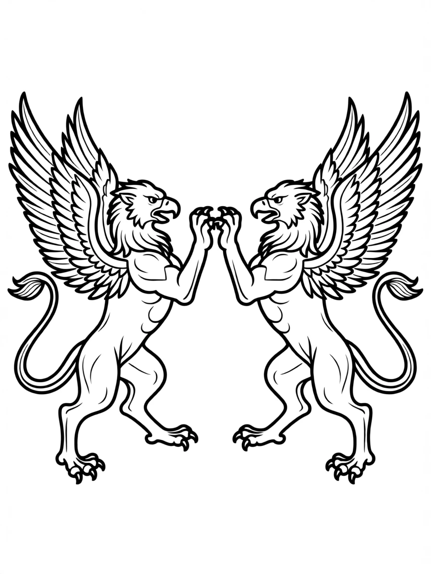 Two griffins facing each other in a heraldic pose