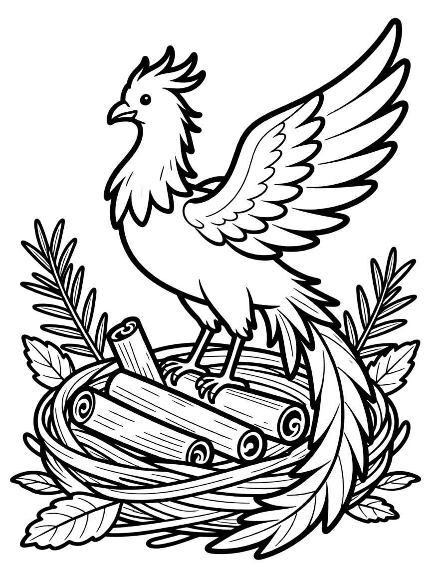 A phoenix roosting in a nest made of cinnamon and herbs