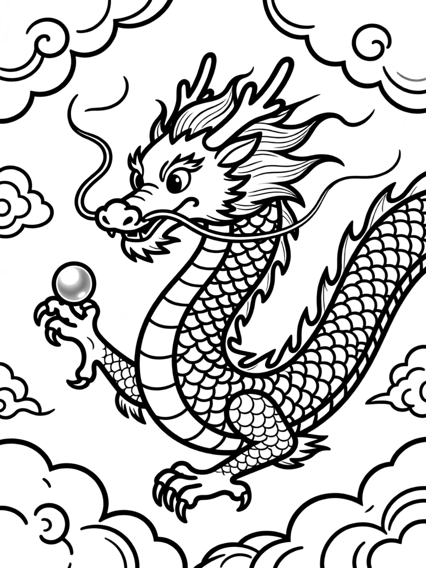 A Chinese dragon flying through clouds with a pearl in its claw