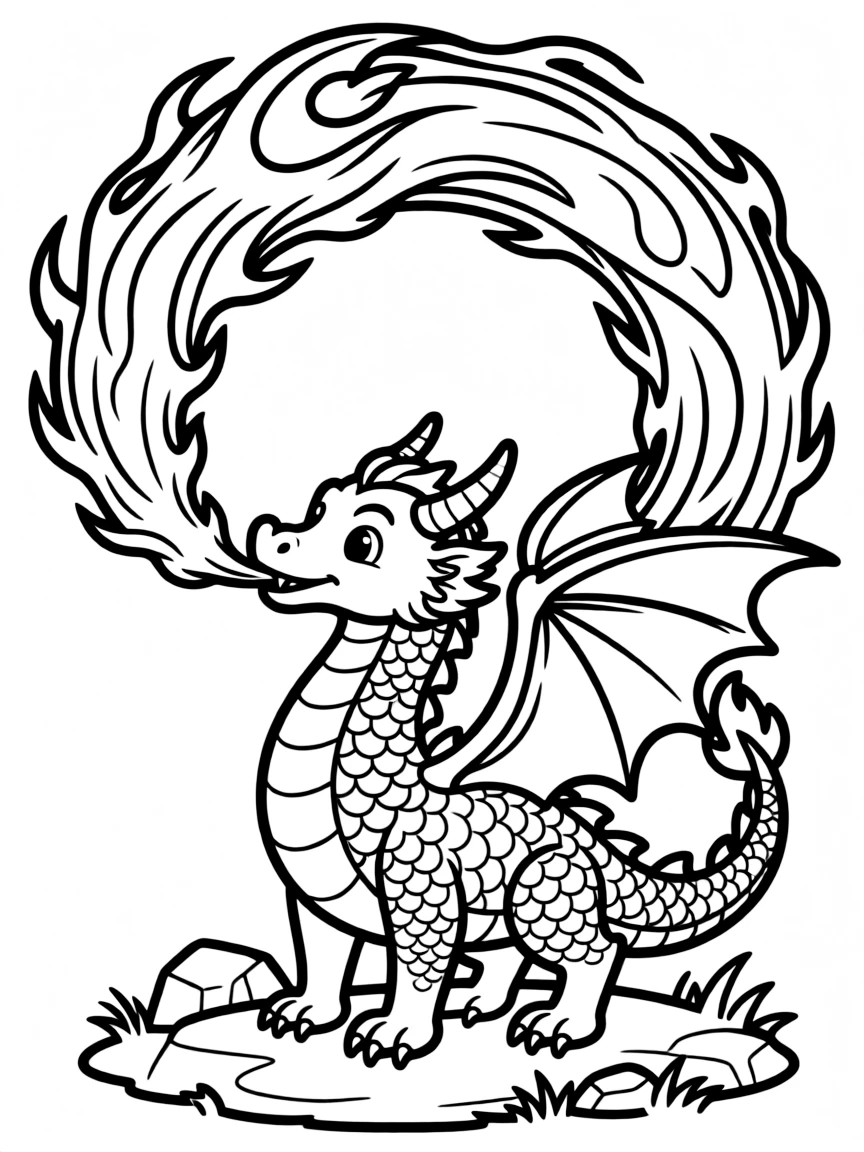 A dragon breathing fire in an elaborate spiral pattern