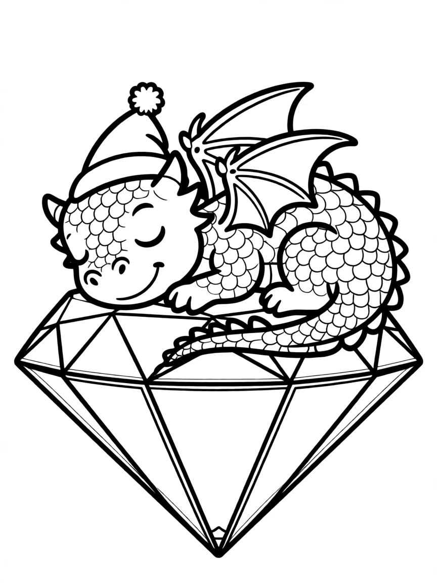 A dragon with closed eyes sleeping on a bed of diamonds