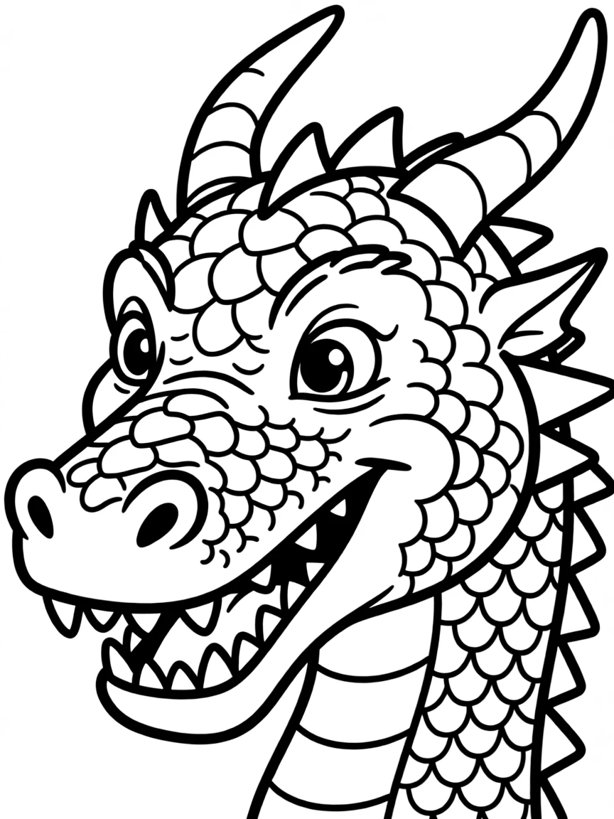 A dragon's head in detailed close-up, showing teeth and nostrils