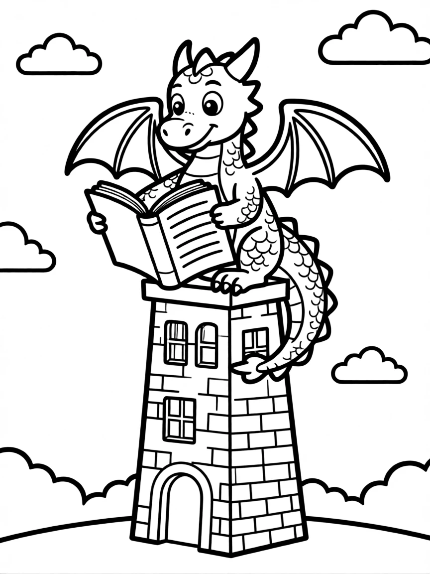 A dragon perched on a library tower, reading a giant book