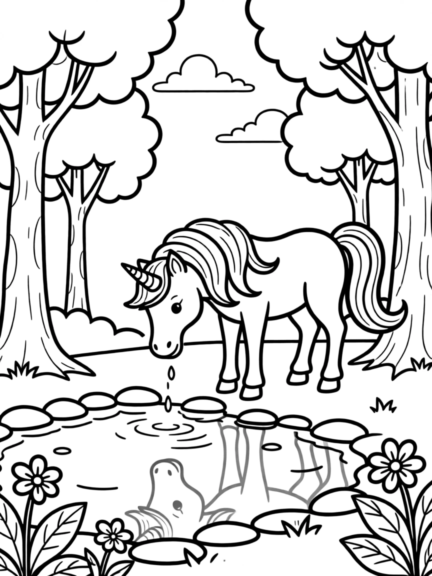 A unicorn drinking from a crystal-clear forest pool