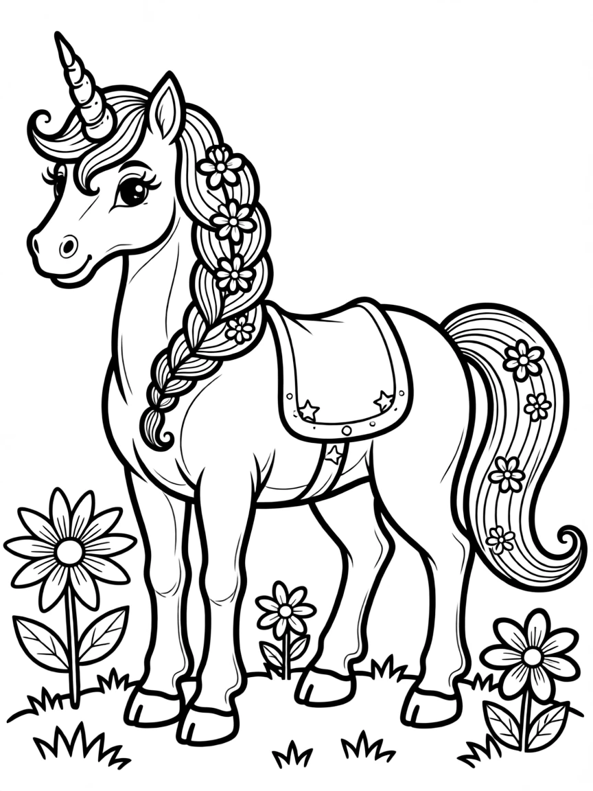 A unicorn with an elaborately braided mane decorated with flowers