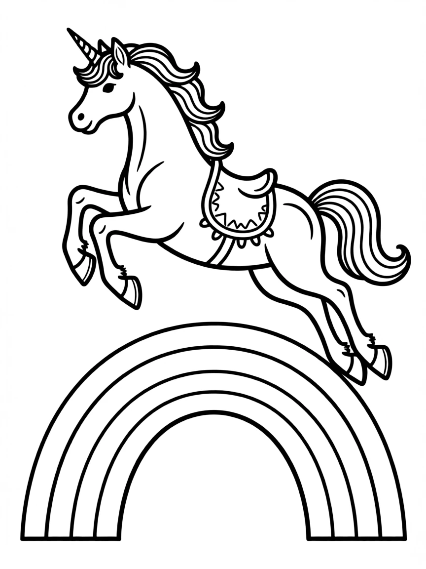 A unicorn leaping over a rainbow in a single bound