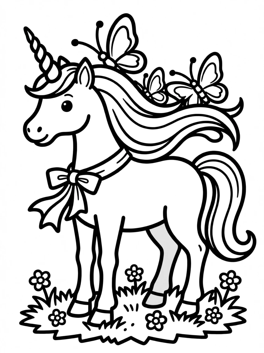 A unicorn with butterfly-like creatures resting on its mane