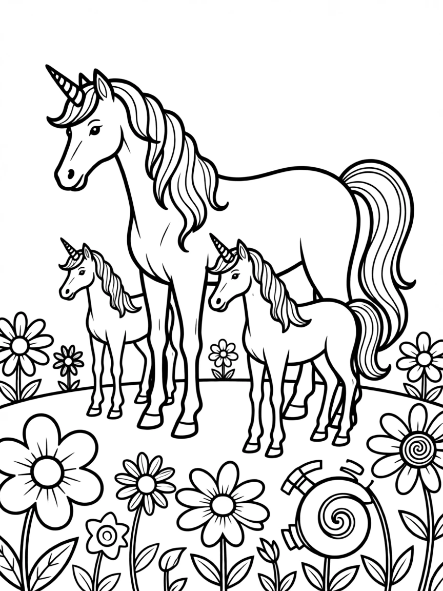 A family of unicorns grazing in a meadow of unusual flowers
