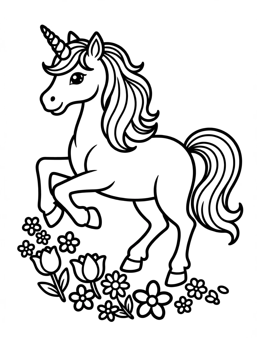 A unicorn creating a trail of flowers wherever its hooves touch