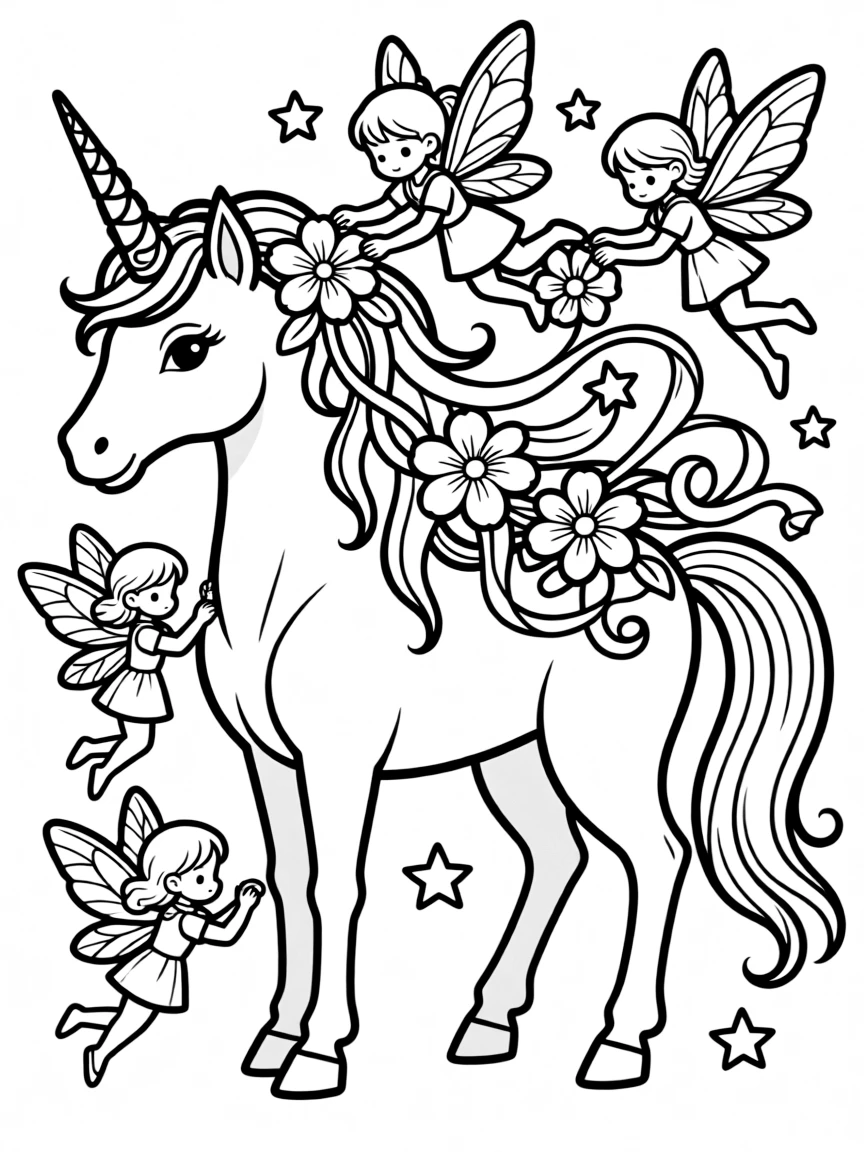A unicorn surrounded by fairies who are decorating its mane