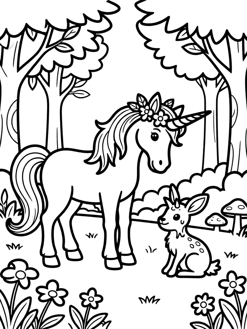 A unicorn using its horn to heal a wounded forest creature