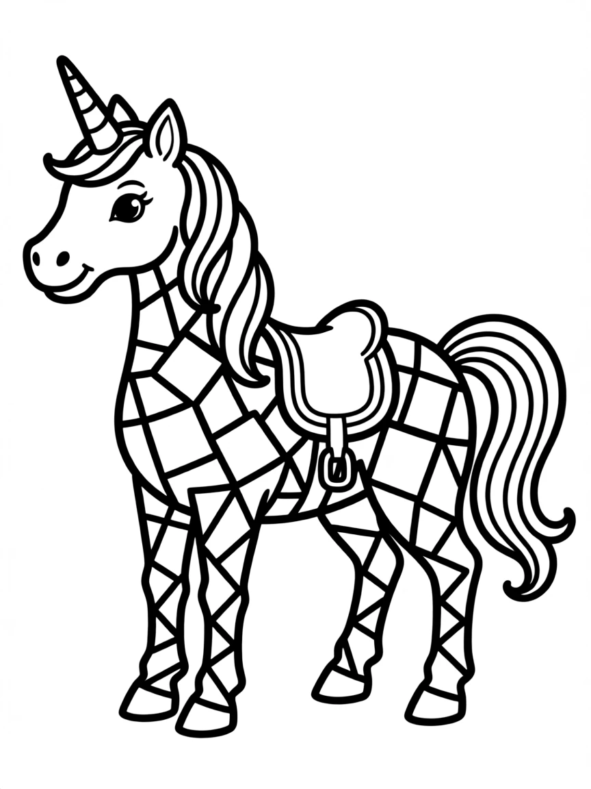A unicorn with stained-glass-like patches on its coat