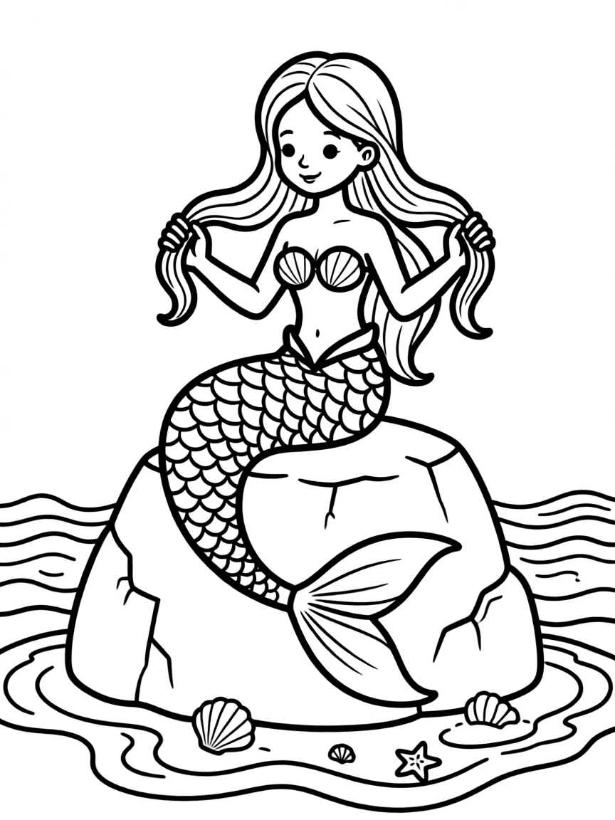 A mermaid sitting on a coastal rock, arranging her hair