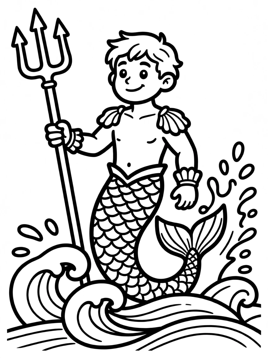 A merman with a trident commanding the waves
