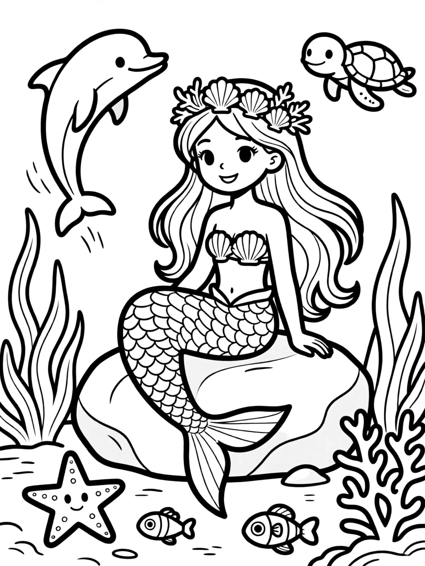 A mermaid surrounded by friendly sea creatures