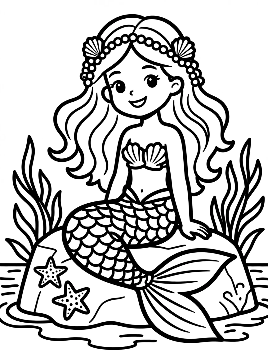 A mermaid with shells and pearls woven into her hair