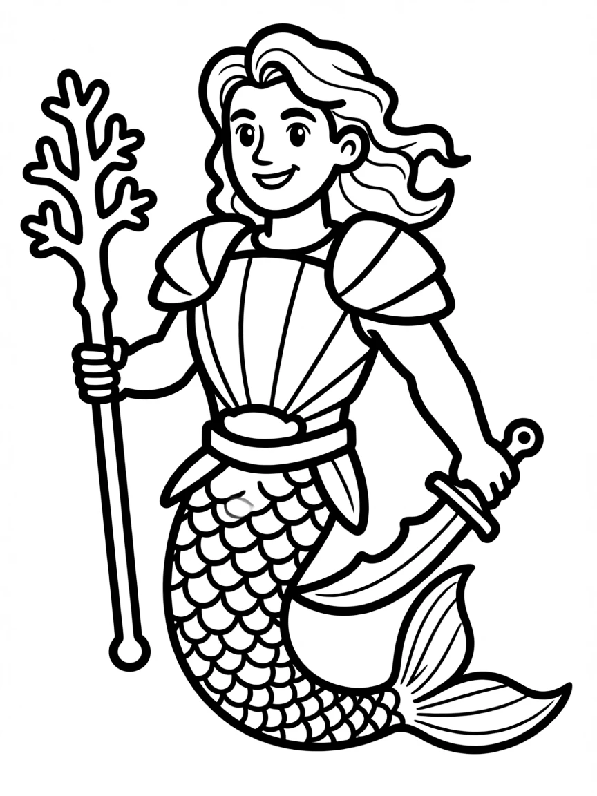 A merman warrior with shell armor and coral weapons