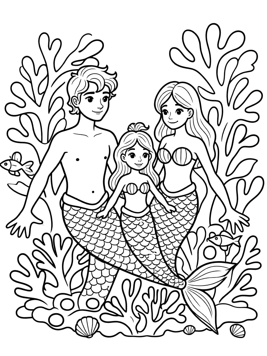 A family of merfolk playing among coral formations